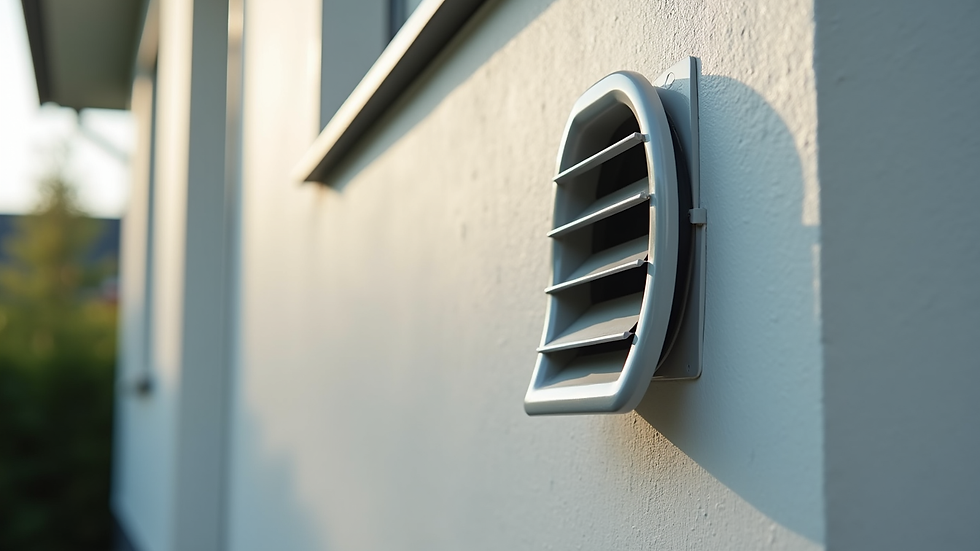 High angle view of a clean dryer vent outlet on the exterior wall of a house