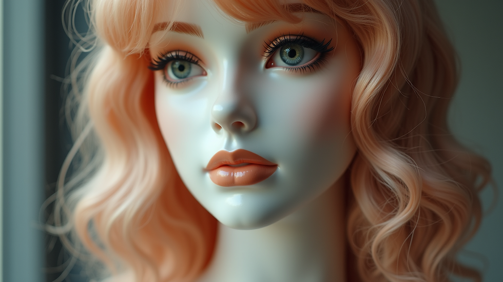 Close-up view of a wig on a mannequin head with soft curls