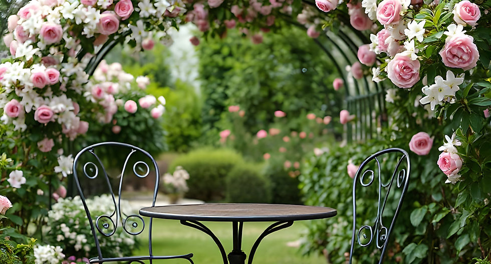 a flower arcade in a garden with pink roses and jasmin. A table and a chair under the flower arcade