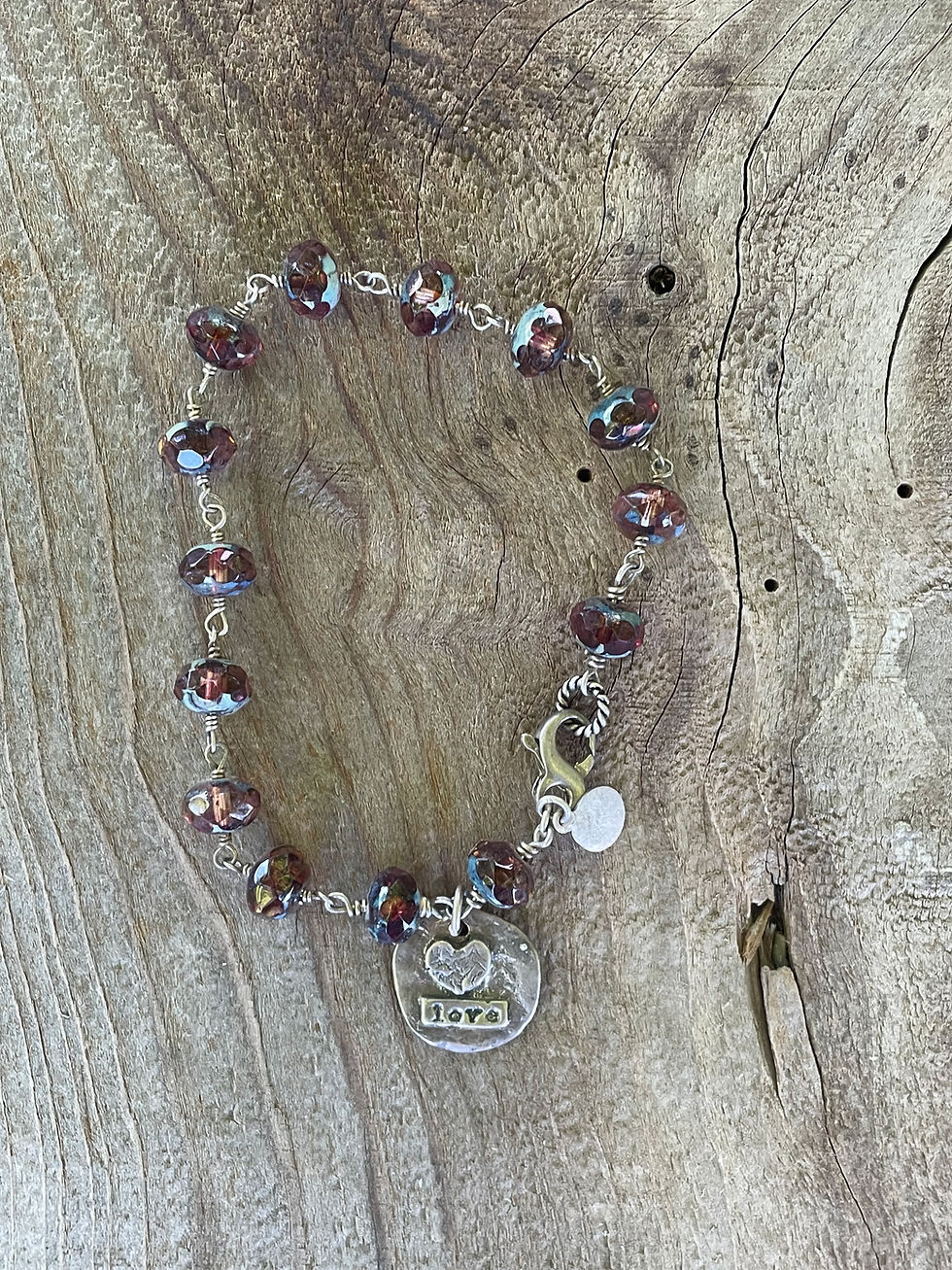 Thumbnail: Purple Glass Bead & Heart Charm Bracelet