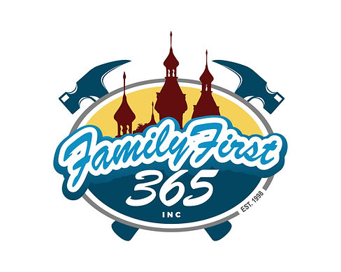Family First 365 Inc logo company name written in the middle with minarets in the back round and 2 hammers behind that to the left and the right