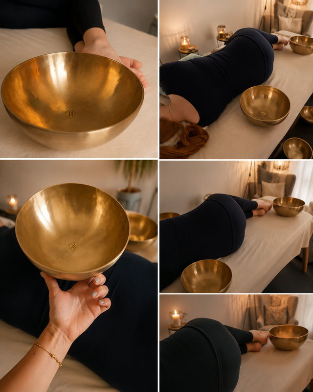 Séances de massage sonore pendant la grossesse au cabinet ArmoniLux, à Howald : bols chantants Peter Hess posés autour du corps, à la lumière des bougies.