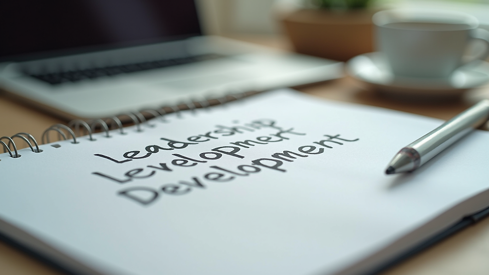 Close-up view of a scientific journal and notes on leadership development