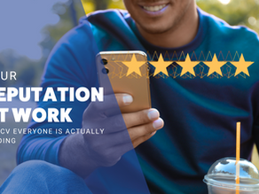 A man looking at a 5 star rating