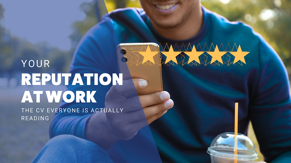A man looking happily at a five star rating.