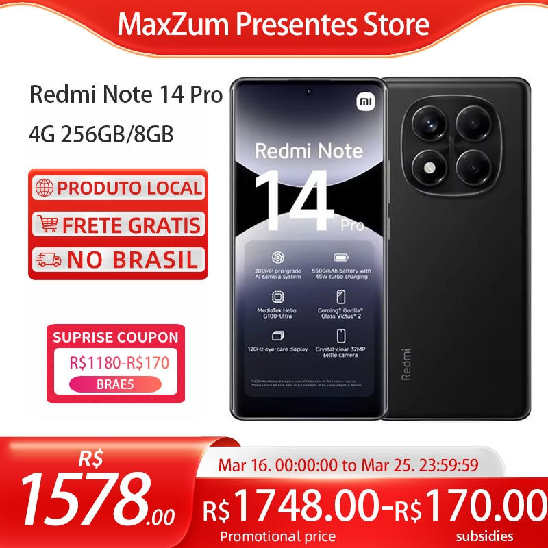 Redmi Note 14 Pro 4G. 256GB e 8GB RAM, Câmera 200MP, Processador Helio G100-Ult
