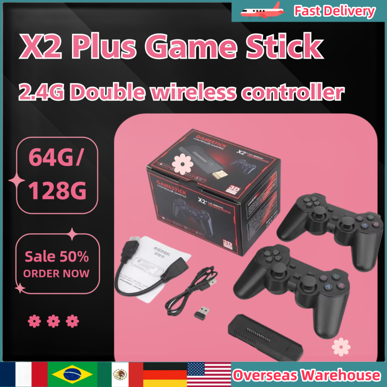 X2 Plus Game Stick 3D HD Retro Video Game Console 2.4G Double Wireless Controlle