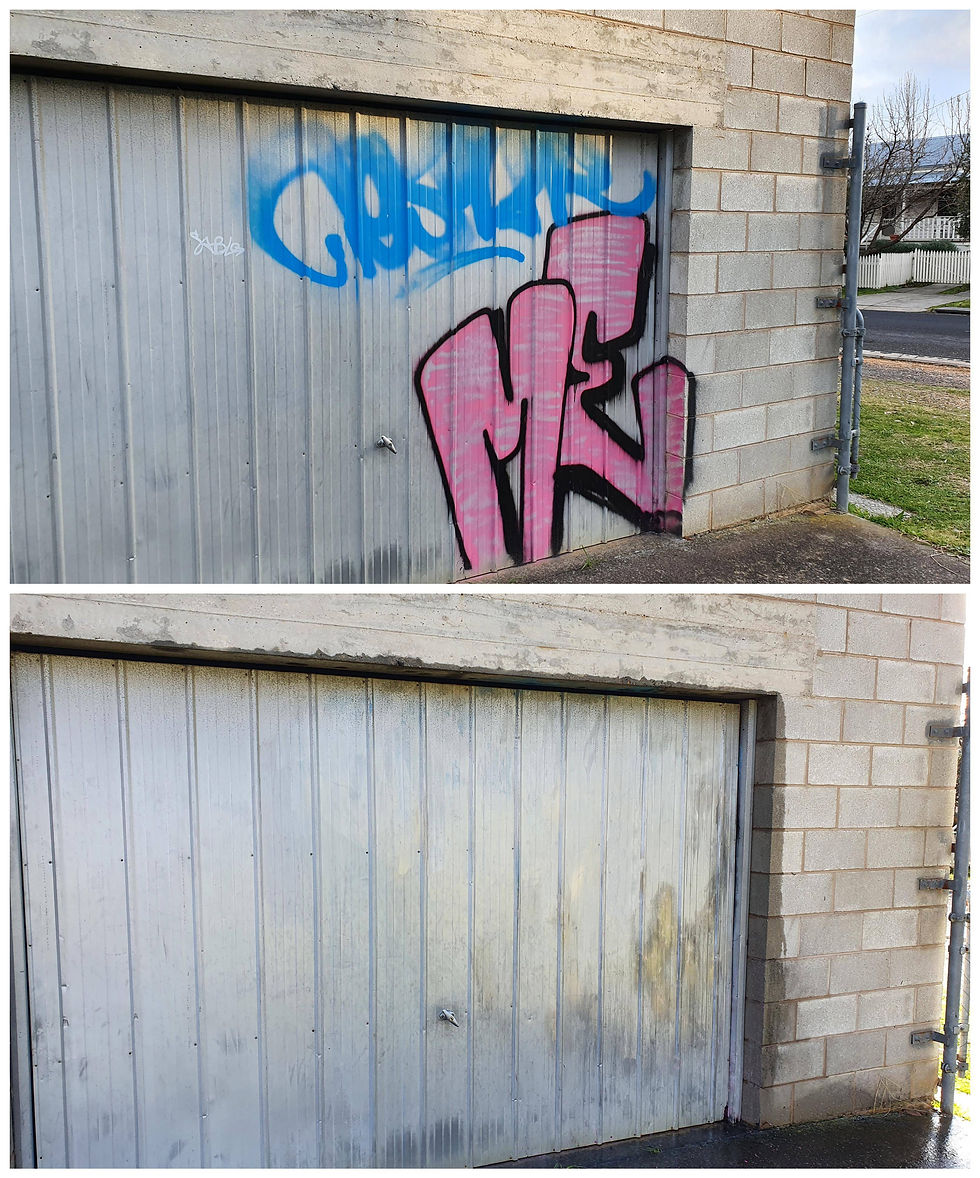 graffiti removal before and after on a colorbond garage door and besser blocks in Central Victoria