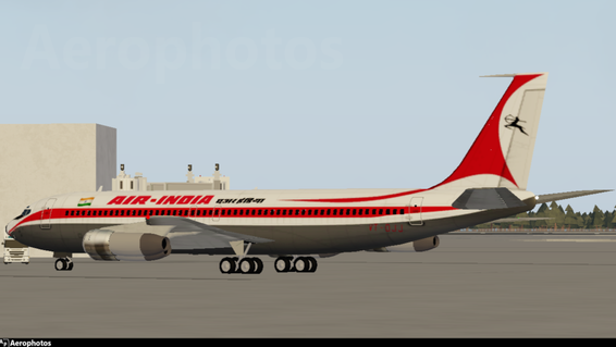 An Air India Boeing 707-320B, registered VT-DJJ (nicknamed Gauri Shankar), docking at Tikaranto