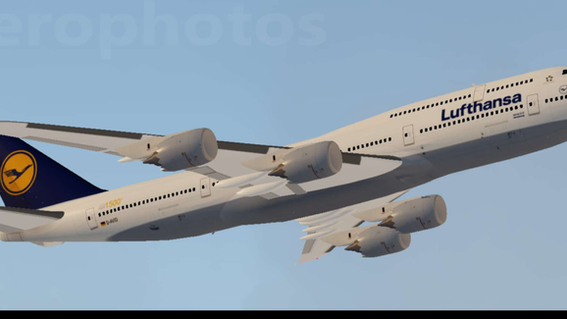 Lufthansa (1500th B747 sticker) B747-8i (D-AVID), climbing after take off at Kitesboro