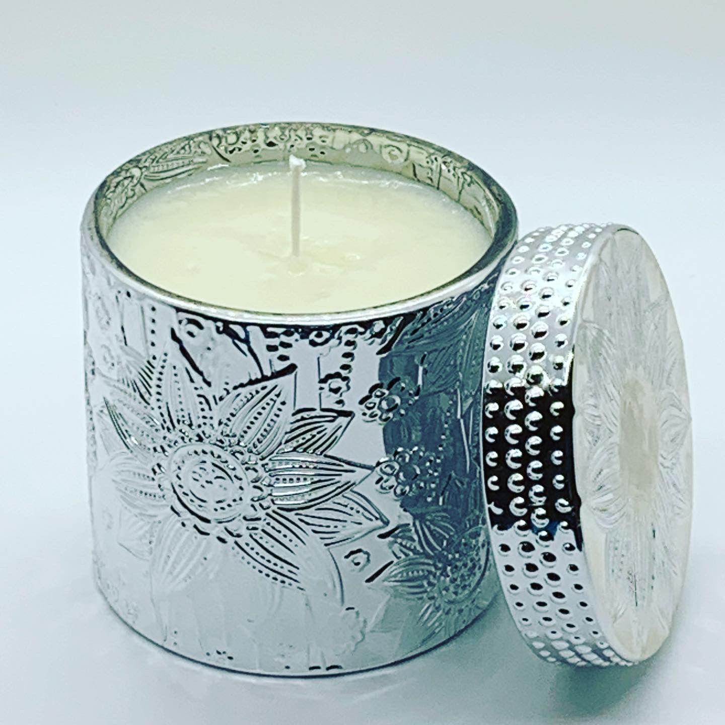 Silver Glass Etched Flower Soy Candle