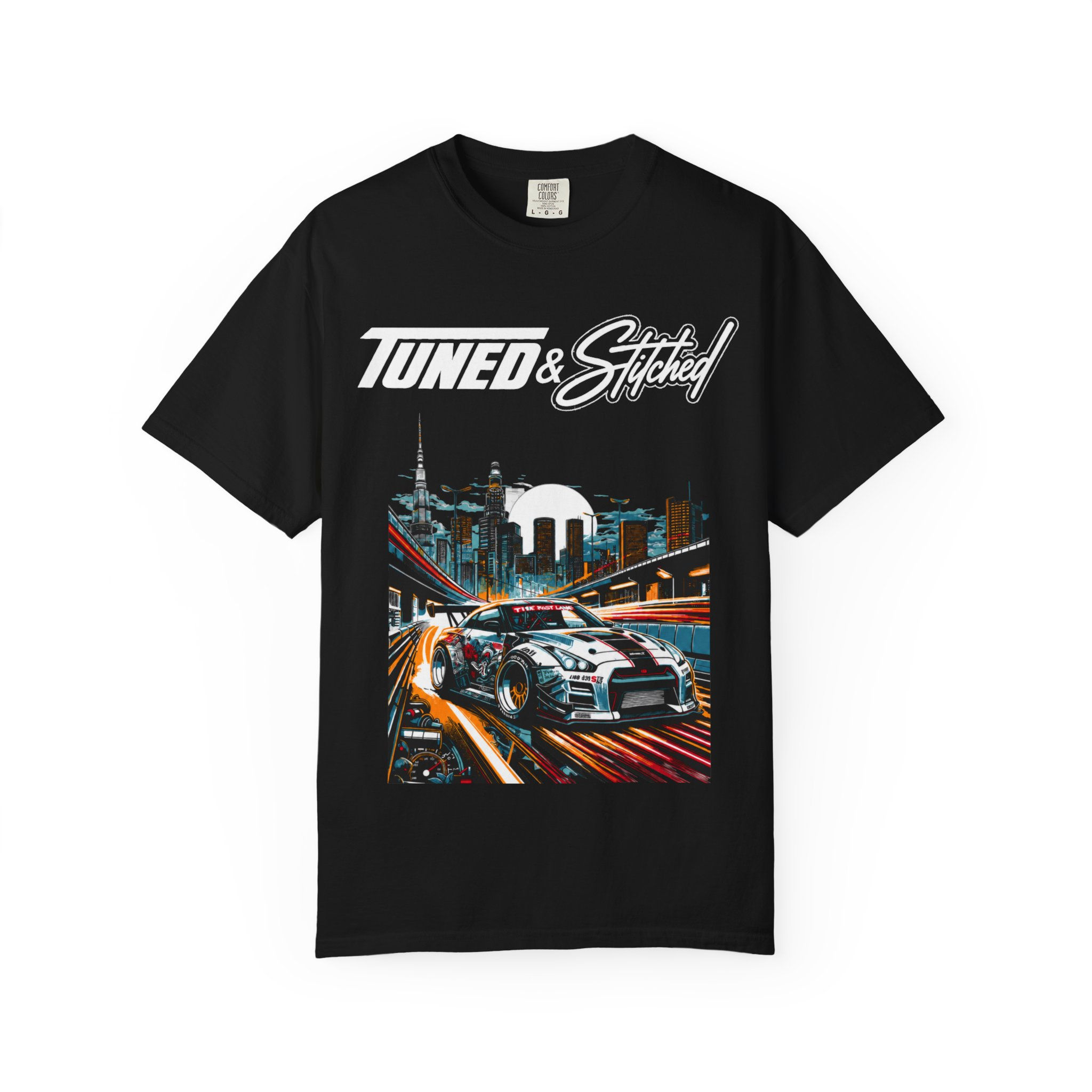 T-Shirt with "Tuned & Stitched" Racing Skyline Graphic