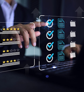 Businessman click blue check mark on laptop screen to vendor evaluate or supplier feedback