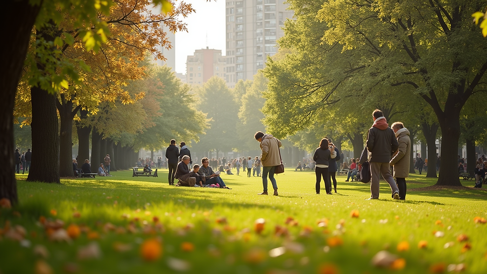 Eye-level view of a vibrant city park with people enjoying nature