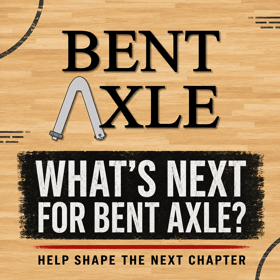 Square graphic on a light maple basketball court background. The black Bent Axle wordmark incorporates a gray bent wheelchair axle as the letter A. Bold text reads, “What’s next for Bent Axle?” followed by, “Help shape the next chapter.”