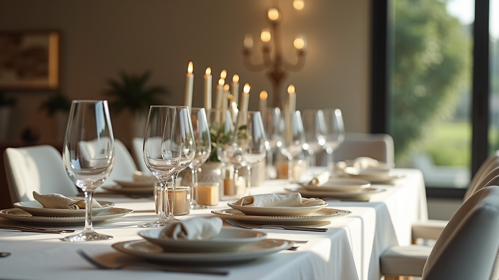 Vue en plongée d’une table dressée avec des assiettes raffinées et une décoration soignée