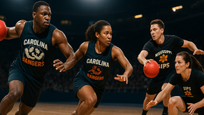 A realistic action photo created by ChatGPT showing four professional dodgeball players in motion during a game. Two athletes from the Carolina Bangers and two from the Mississippi Sips compete on an indoor court under bright stadium lights, wearing team uniforms with their logos. The scene captures speed, focus, and teamwork as red dodgeballs fly across the polished arena floor with an energetic crowd in the background.