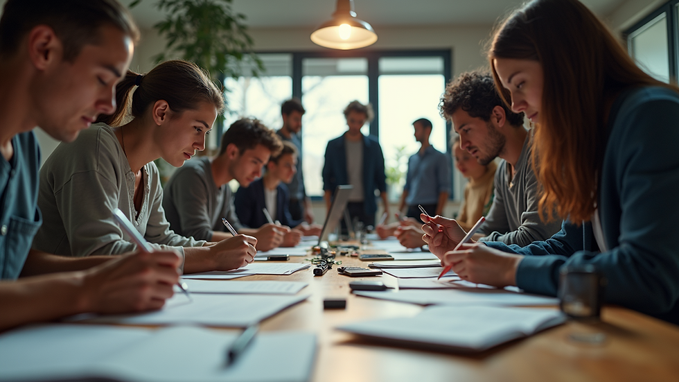 Eye-level view of a diverse group of creators collaborating on a project
