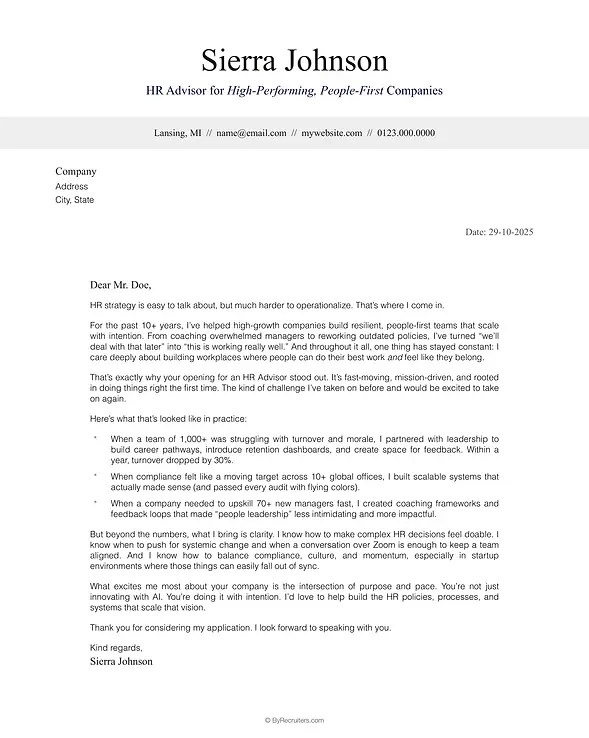 HR Advisor cover letter example in PDF