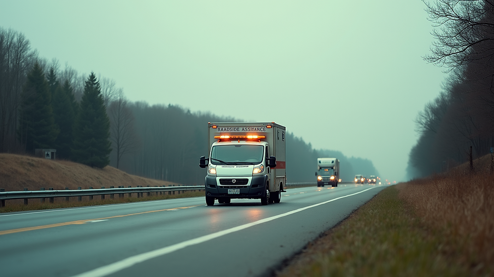 High angle view of a roadside assistance vehicle parked on a highway shoulder