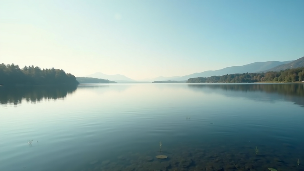 Eye-level view of a calm lake reflecting a clear sky