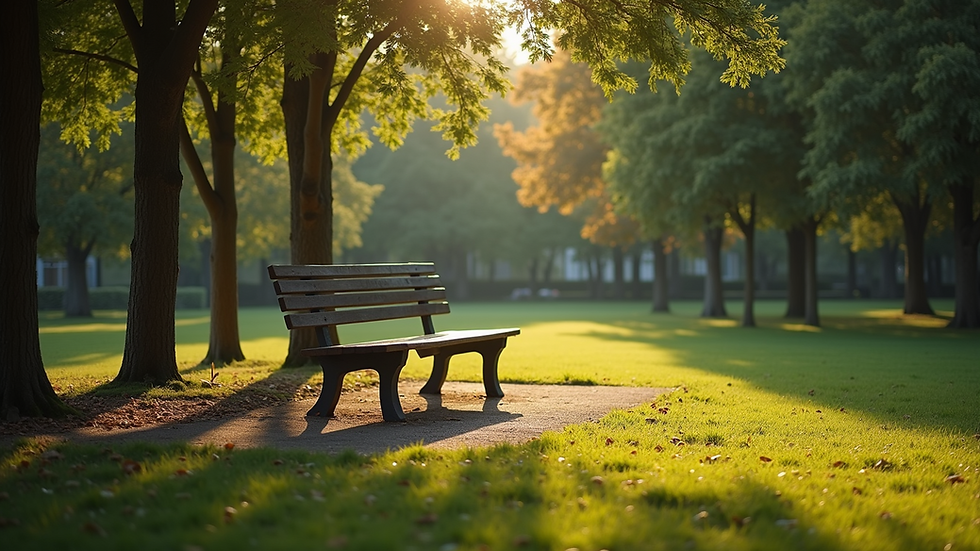 High angle view of a peaceful park bench surrounded by trees