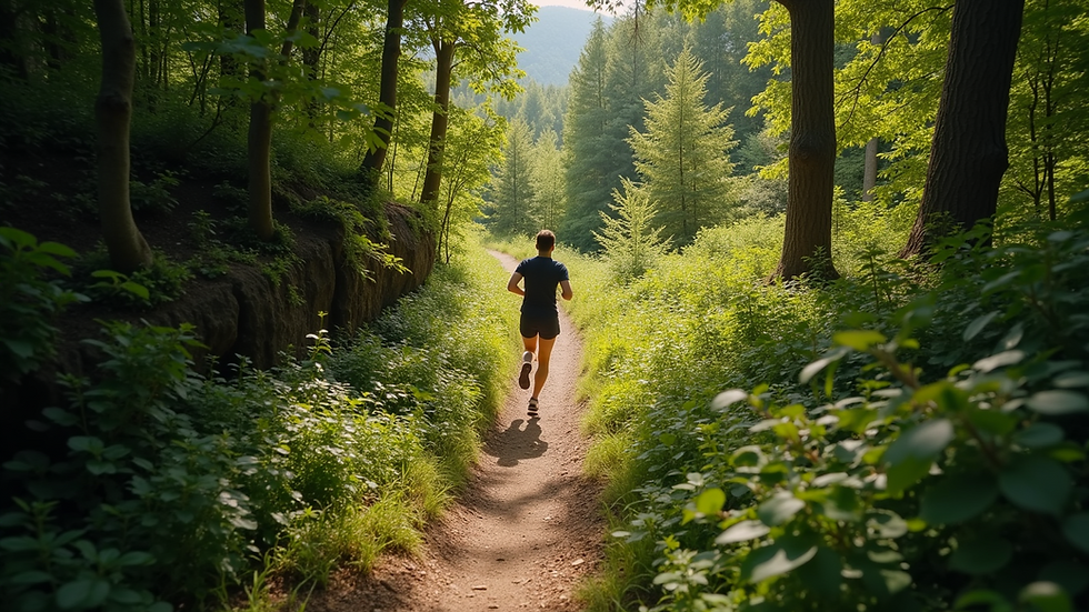 High angle view of a person running on a trail surrounded by greenery