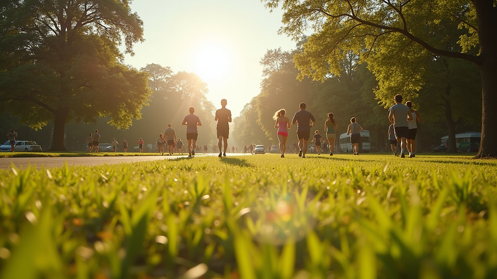 Wide angle view of a park with people jogging on a sunny day