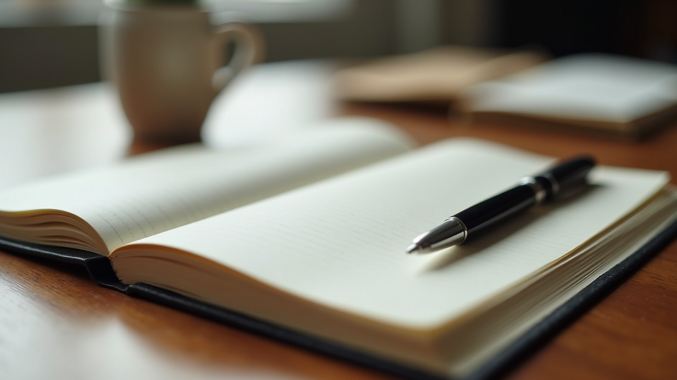 Close-up view of a journal and pen on a wooden desk