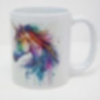 Watercolour Unicorn with rainbow paint splashes and drips on glossy white mug