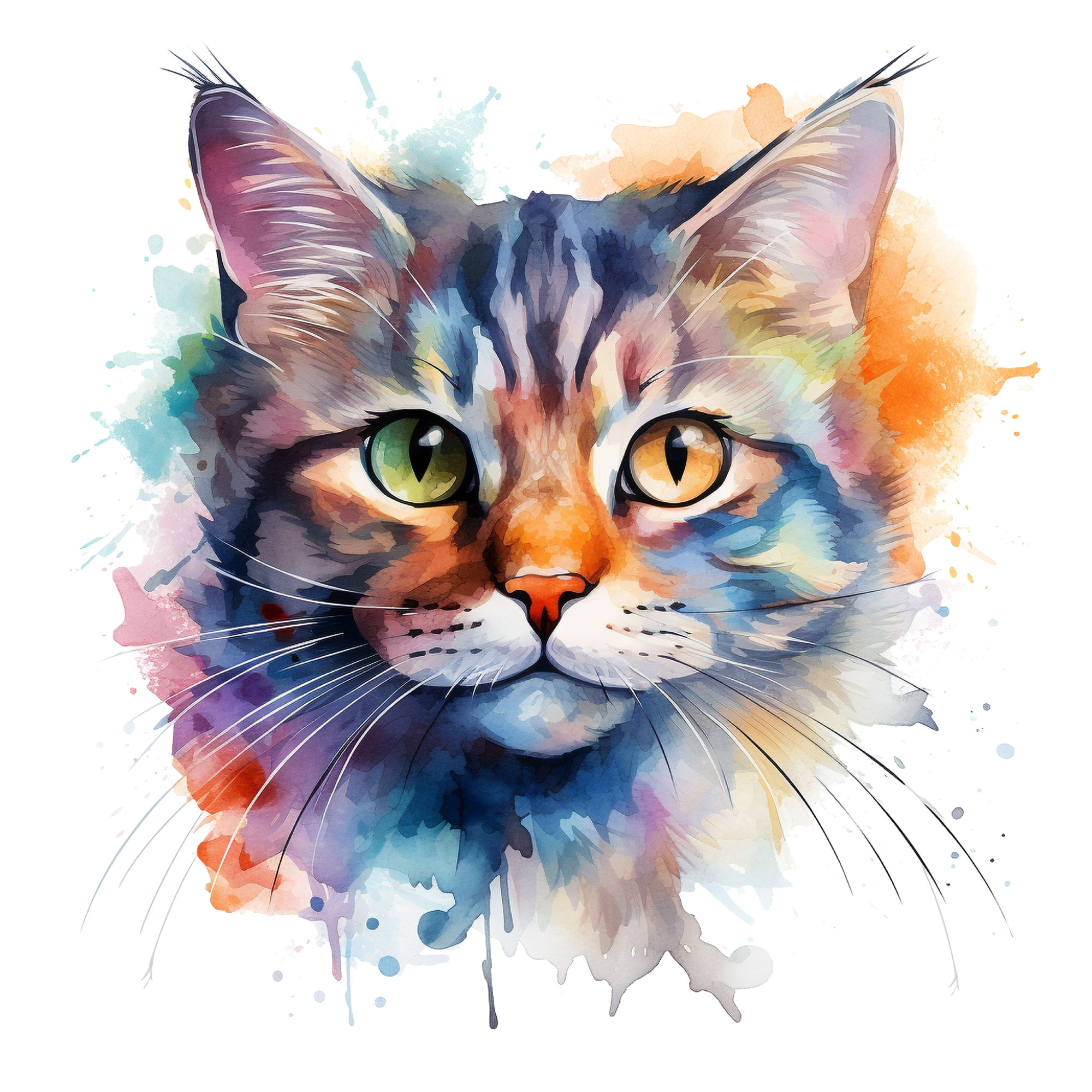 Watercolour cat with splahes and drips of paint, White Stainless Steel Travel Mug, black plastic handle & closeable lid.