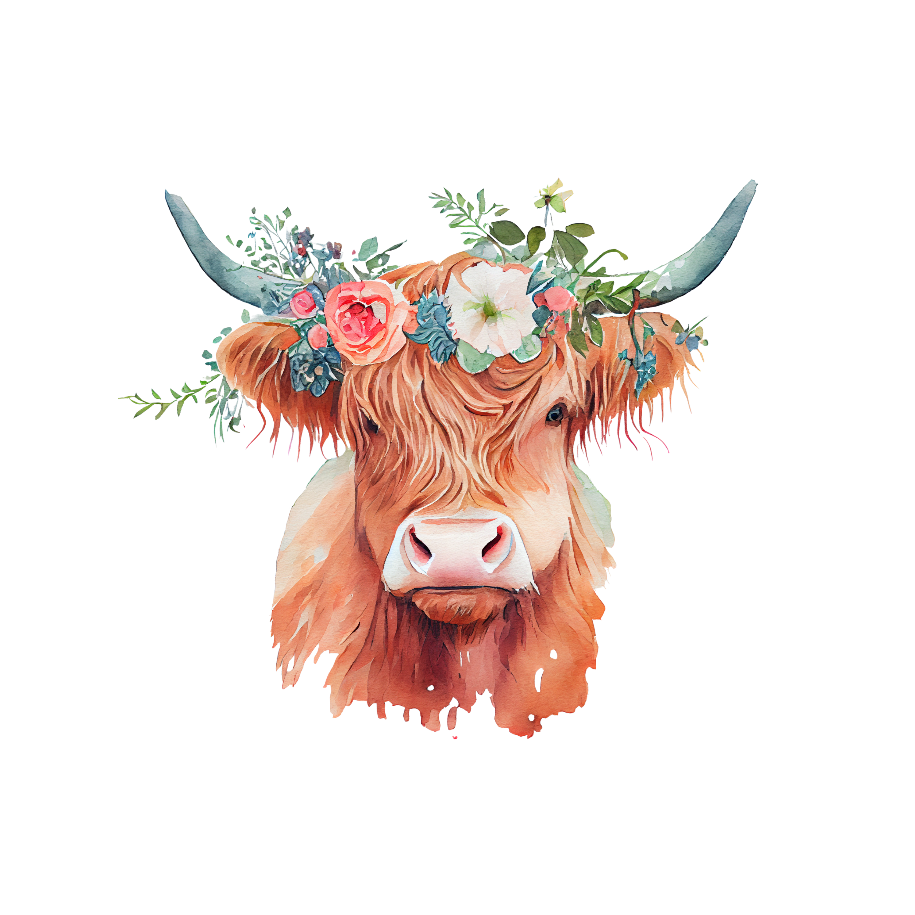 Watercolour artwork of a light brown Highland cow with white and pink flowers and botanicals in its hair