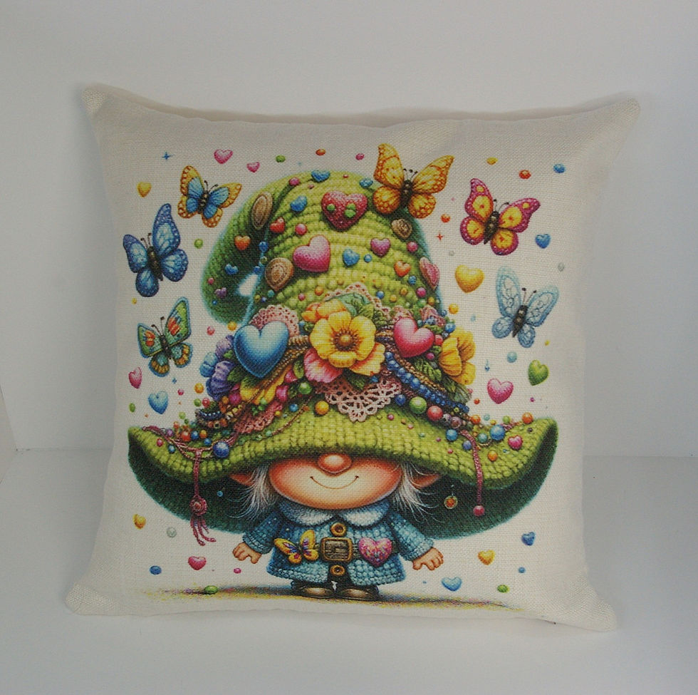Cream linen cushion with cute Gnome with green knitted hat and surrounded by butterflies and hearts