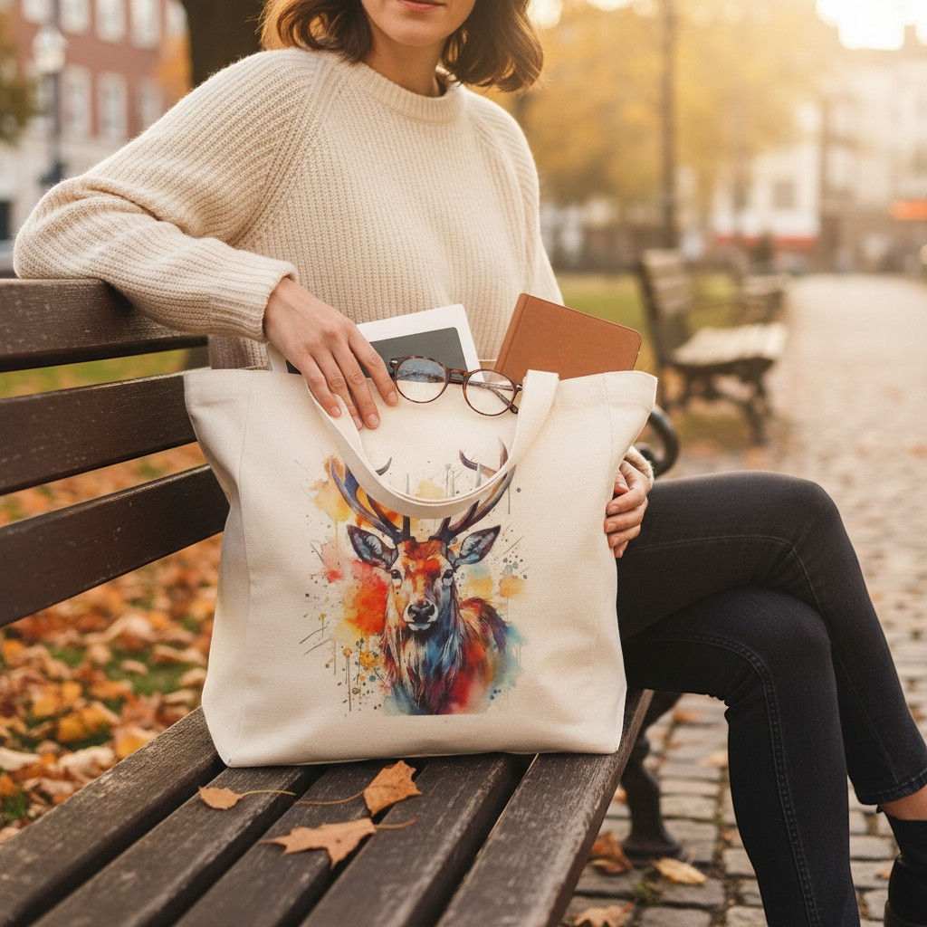 Majestic Stag Head in watercolour with hues of orange, brown and blues with smokey paint splashes and drips on a Linen bag