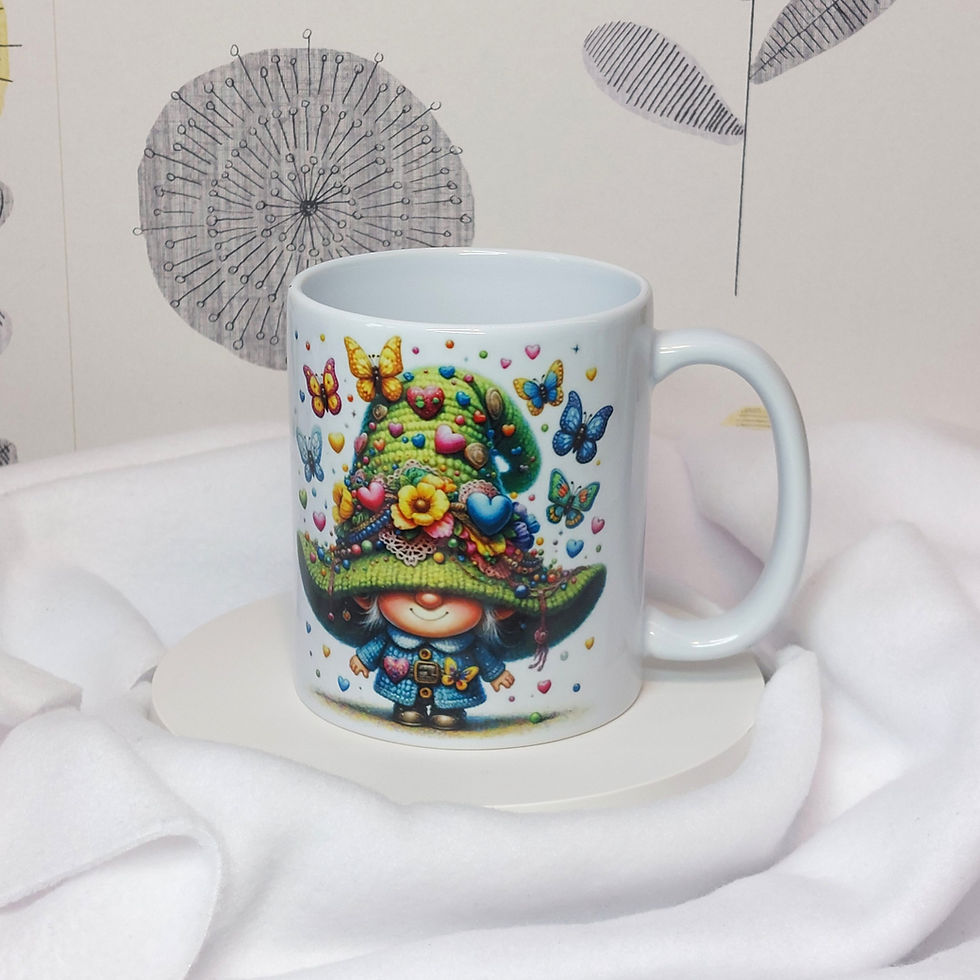 White ceramic mug with illustration of a gnome with a green hat adorned with butterflies and flowers