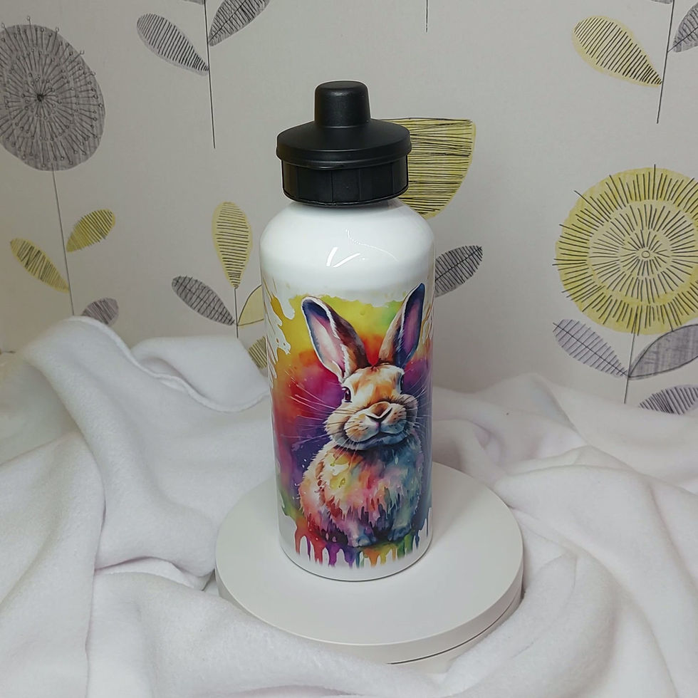 White aluminium water bottle with Rainbow Hare watercolour image paint splatters and drips, with a screw top and sports lid.