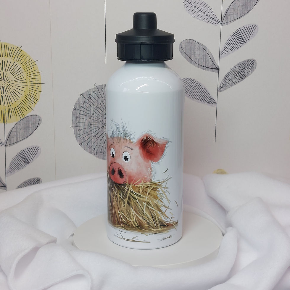 Cartoon Pig in a pile of straw on a white aluminium water bottle, with a screw top and sports lid.