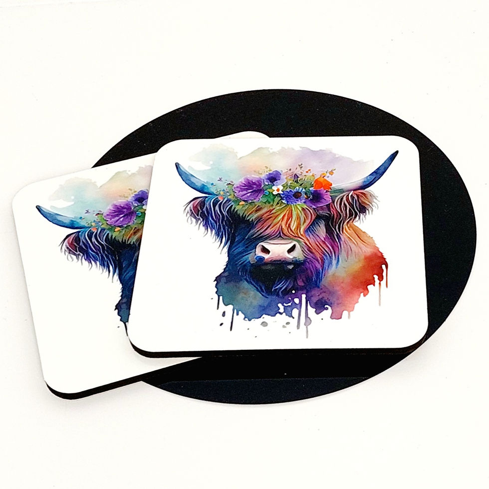 Thumbnail: Watercolour head of a Highland Cow with flowers in its hair with rainbow paint splashes and drips on glossy white MDF Coaster