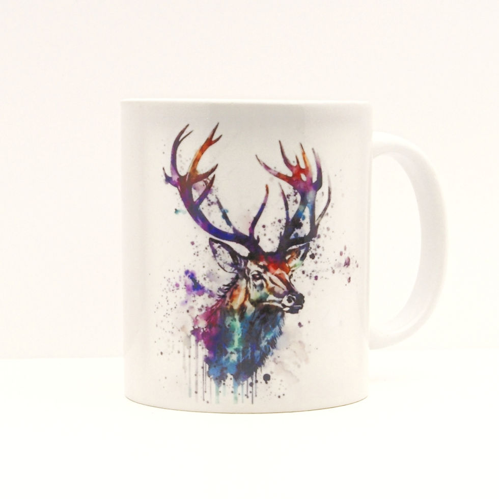 Deer Head in watercolour with bright hues of purple, teal and blues with smokey paint splashes and drips on a white mug