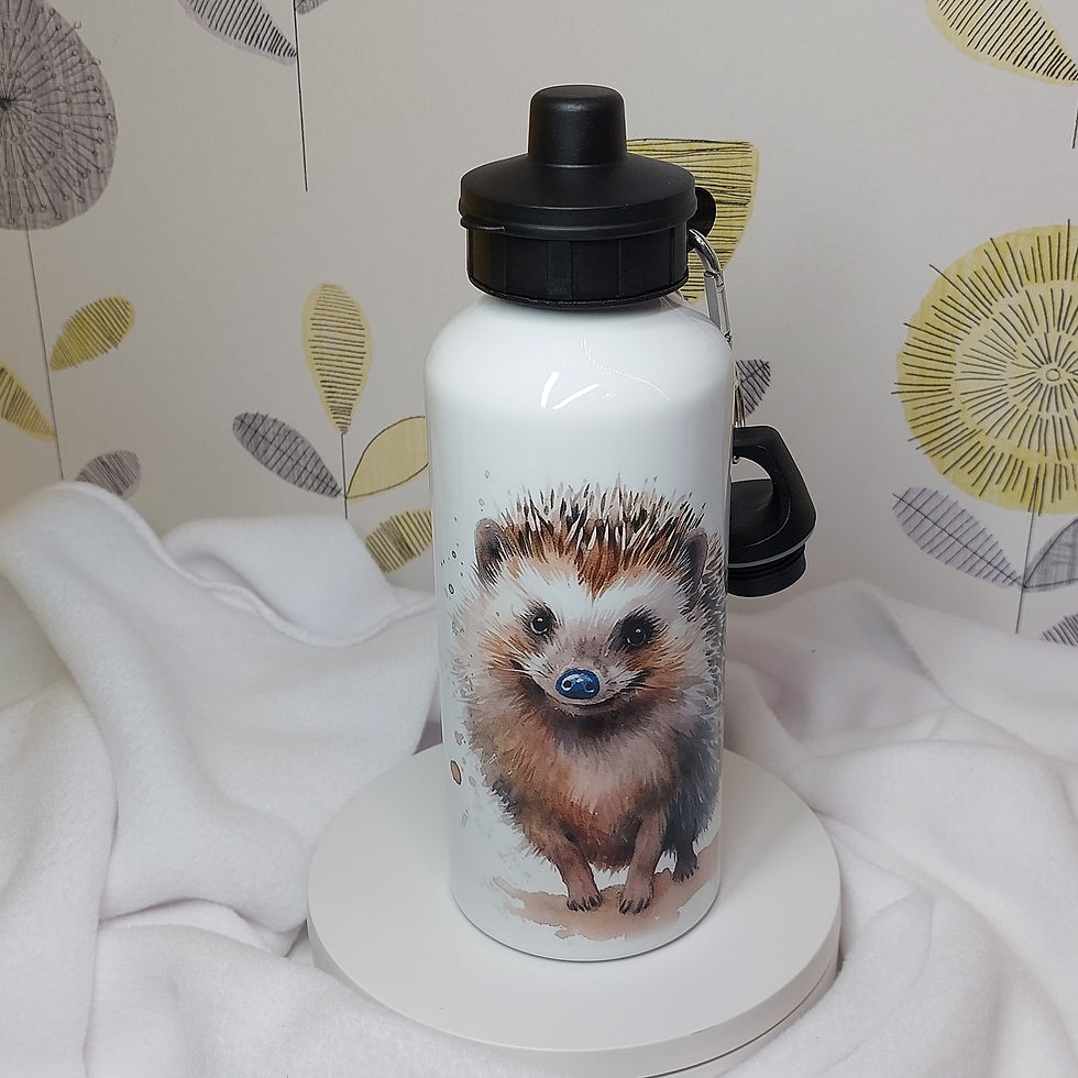 White aluminium water bottle with a cute watercolour image of a Hedgehog, with a screw top and sports lid.