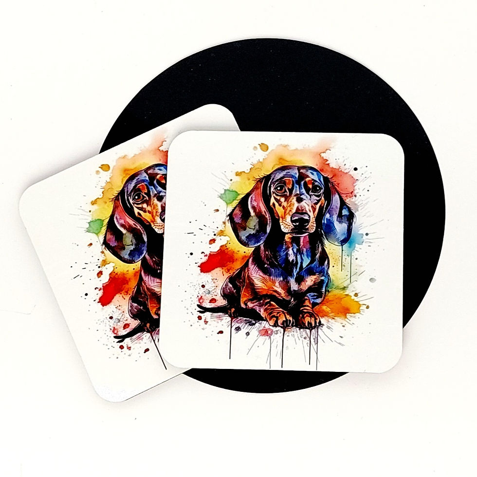 Thumbnail: Vibrant rainbow watercolour Dachschund with vivid paint splashes and drips on a glossy white MDF Coaster