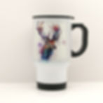 Watercolour deer head with Antlers in bright colours with paint splashes and drips on a white travel mug
