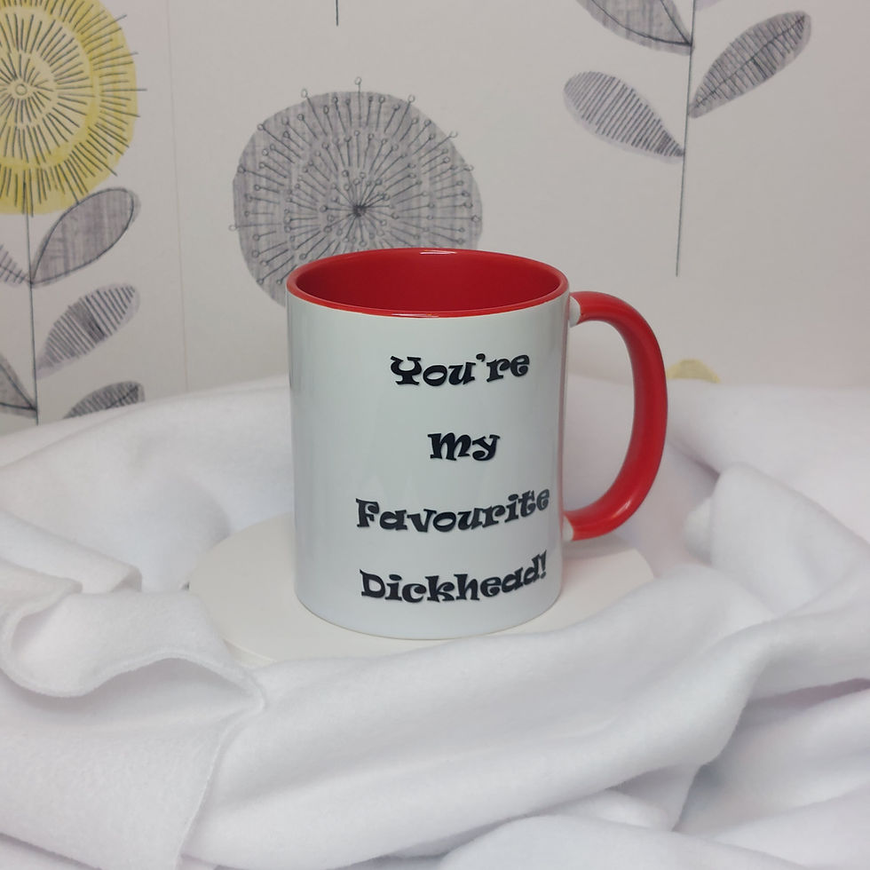 Thumbnail: White ceramic mug, Red handle and inner. With "You're My Favourite Dickhead" in ravie font