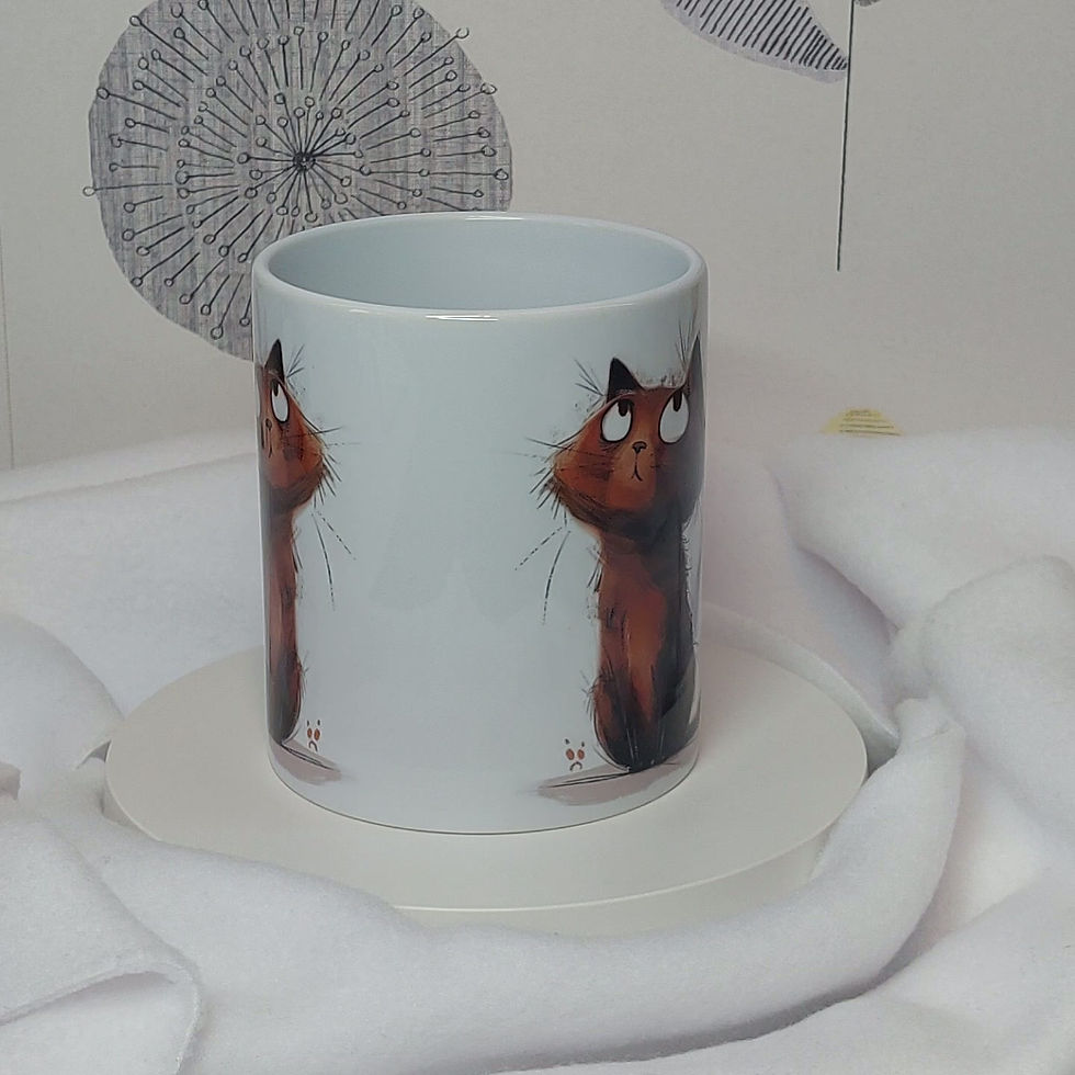 Thumbnail: Cartoon painted brown eyerolling cat with whispy hairs and whiskers on a white mug