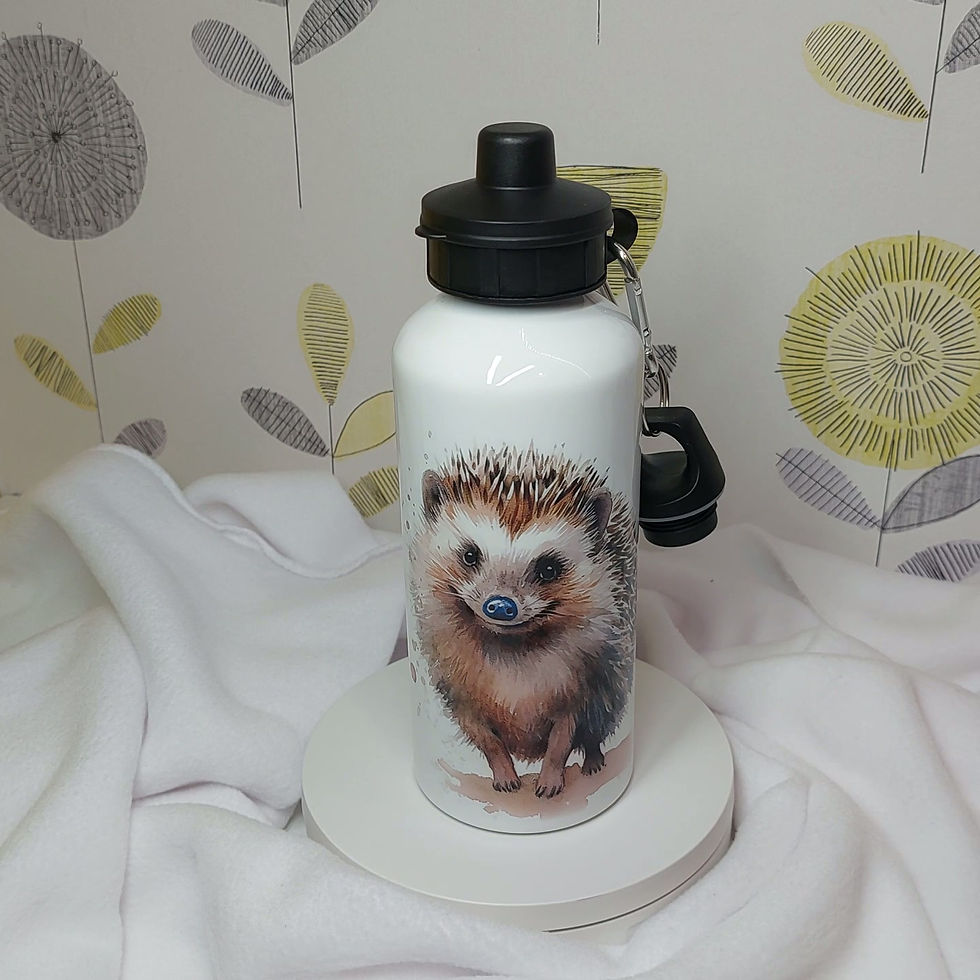 White aluminium water bottle with a cute watercolour image of a Hedgehog, with a screw top and sports lid.