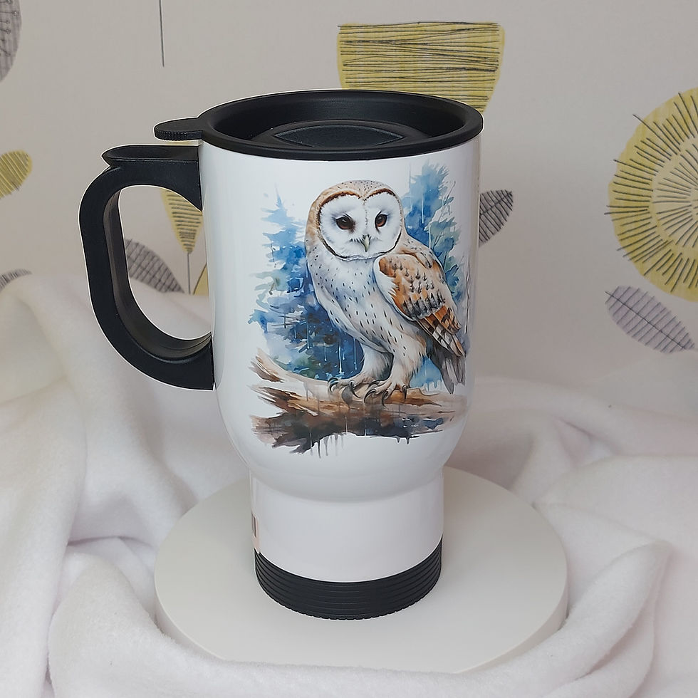 Thumbnail: White Stainless Steel Travel Mug, with a black plastic handle and closeable press on lid. Watercolour owl sat on a branch