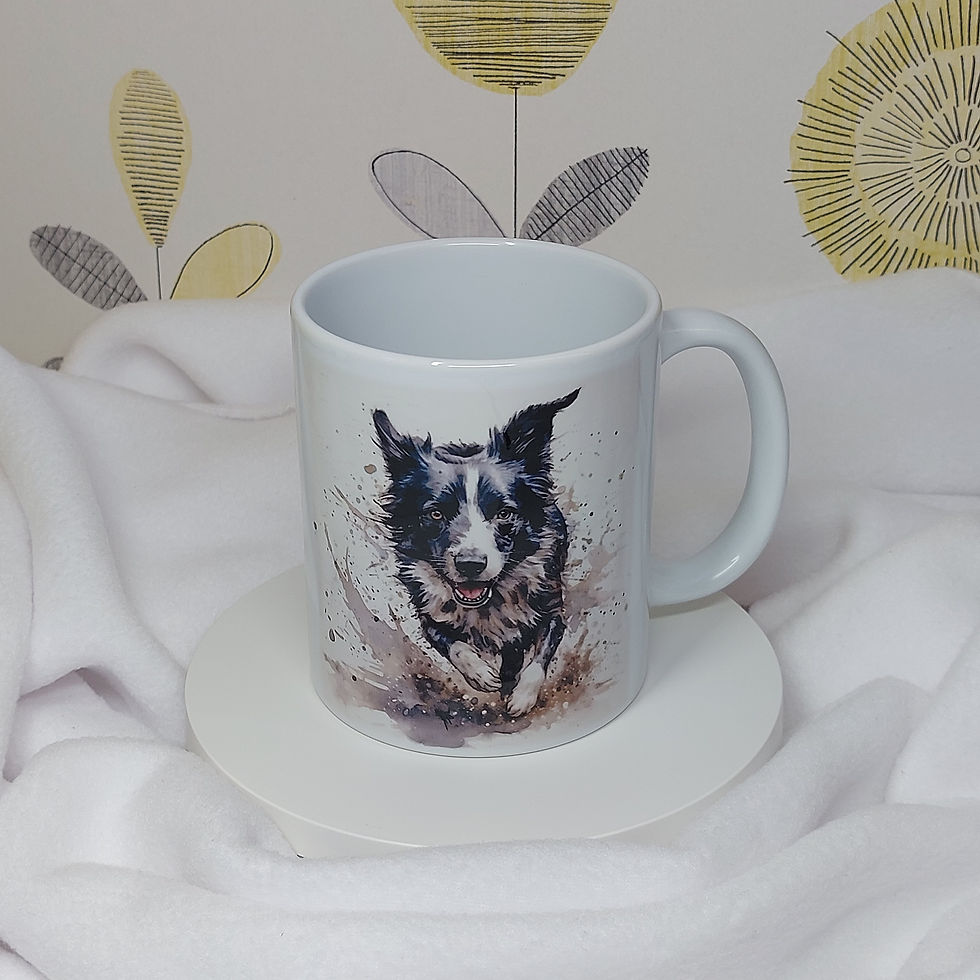 Watercolour image of a Border Collie running through a puddle making splashes on white mug