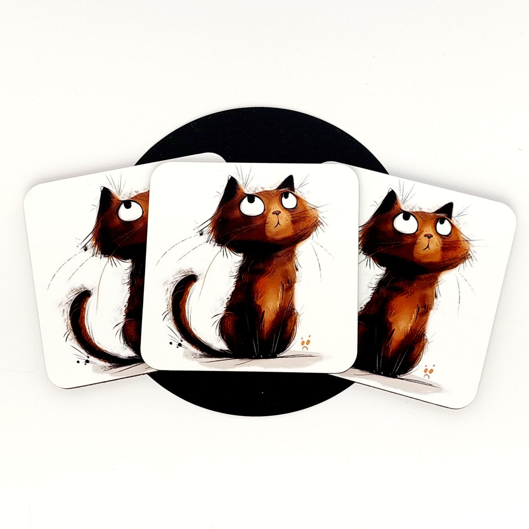 Cartoon painted brown eyerolling cat with whispy hairs and whiskers