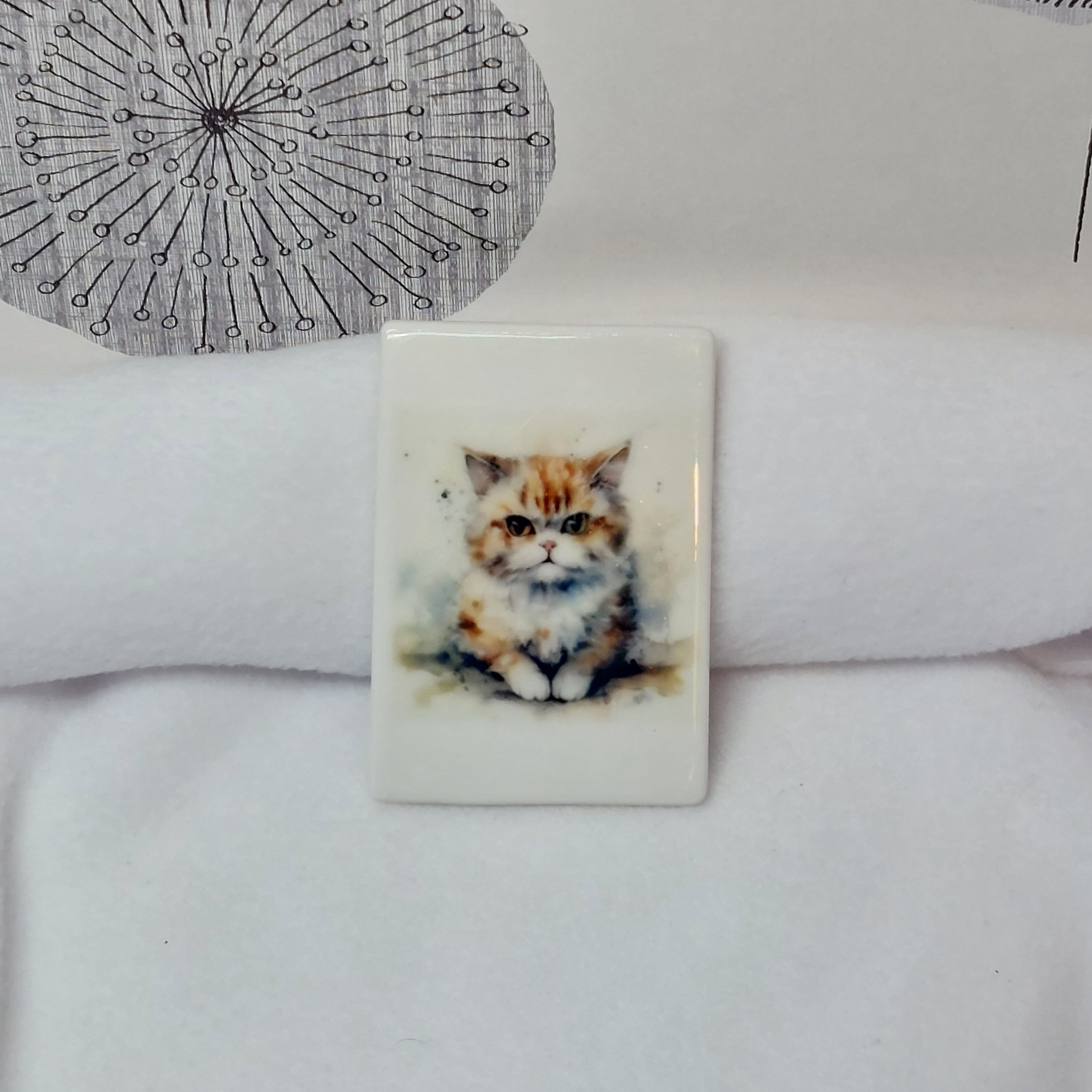 Watercolour image of a cute fluffy tabby cat with a slightly grumpy expression with paint splatters and drips on a rectangula