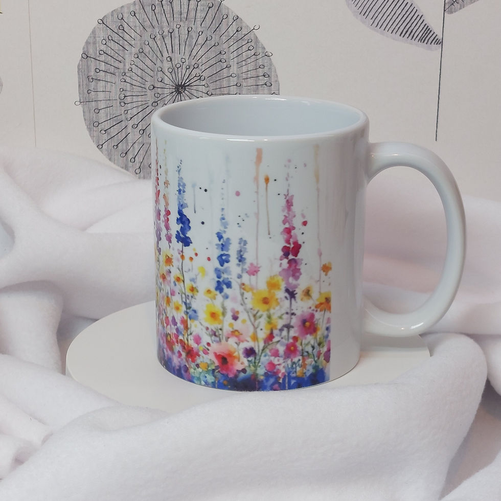 Thumbnail: Watercolour wild flowers in bright colours with splatters and drips of paint on white mug